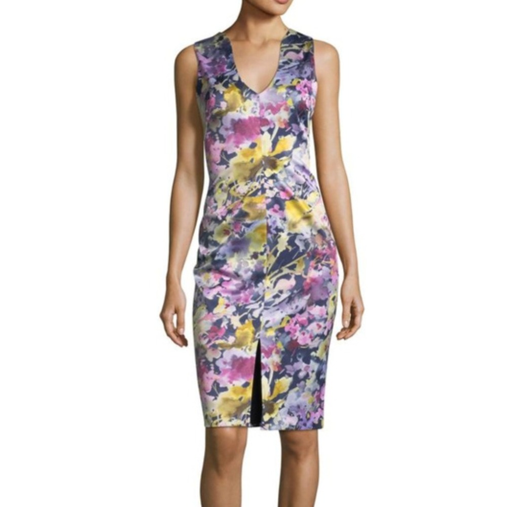 Black Halo V Neck Slit Sheath Dress in Floral Navy sz 0